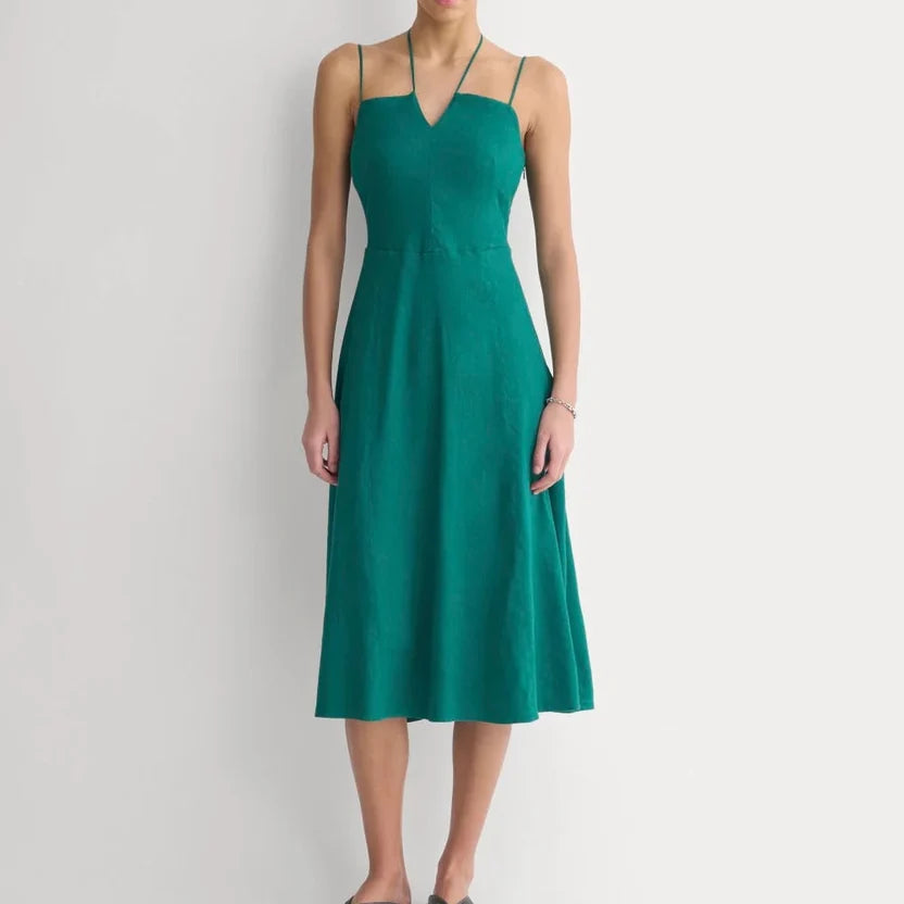Smaragdgrünes Midi-Slip-Dress aus Leinen