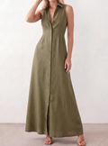 Ärmelloses Maxi-Hemdblusenkleid aus Leinenmix mit Kragen in Olivgrün
