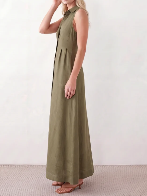 Ärmelloses Maxi-Hemdblusenkleid aus Leinenmix mit Kragen in Olivgrün
