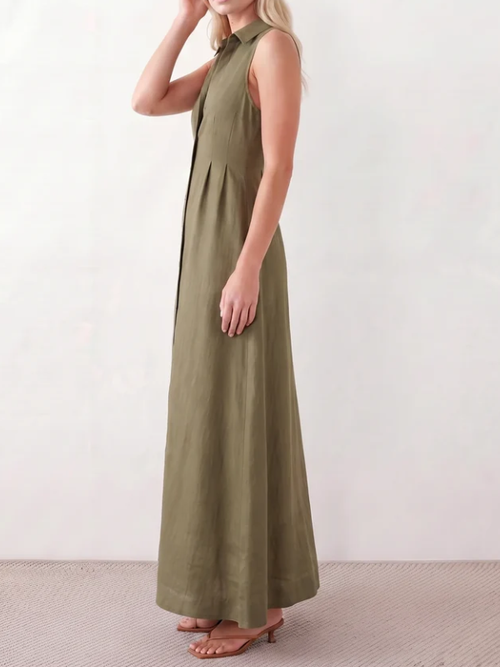 Ärmelloses Maxi-Hemdblusenkleid aus Leinenmix mit Kragen in Olivgrün