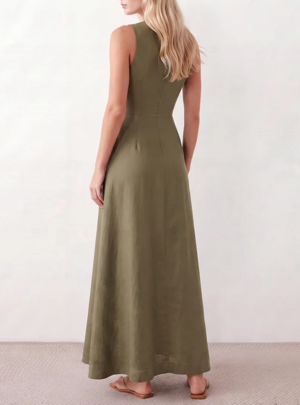 Ärmelloses Maxi-Hemdblusenkleid aus Leinenmix mit Kragen in Olivgrün