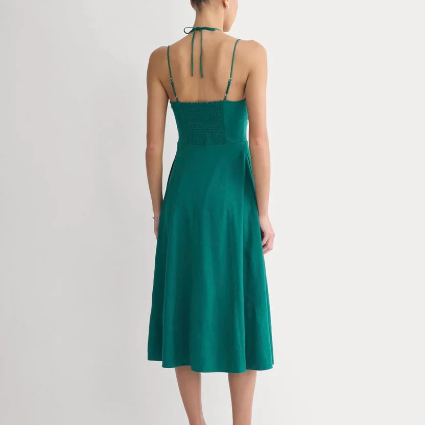 Smaragdgrünes Midi-Slip-Dress aus Leinen