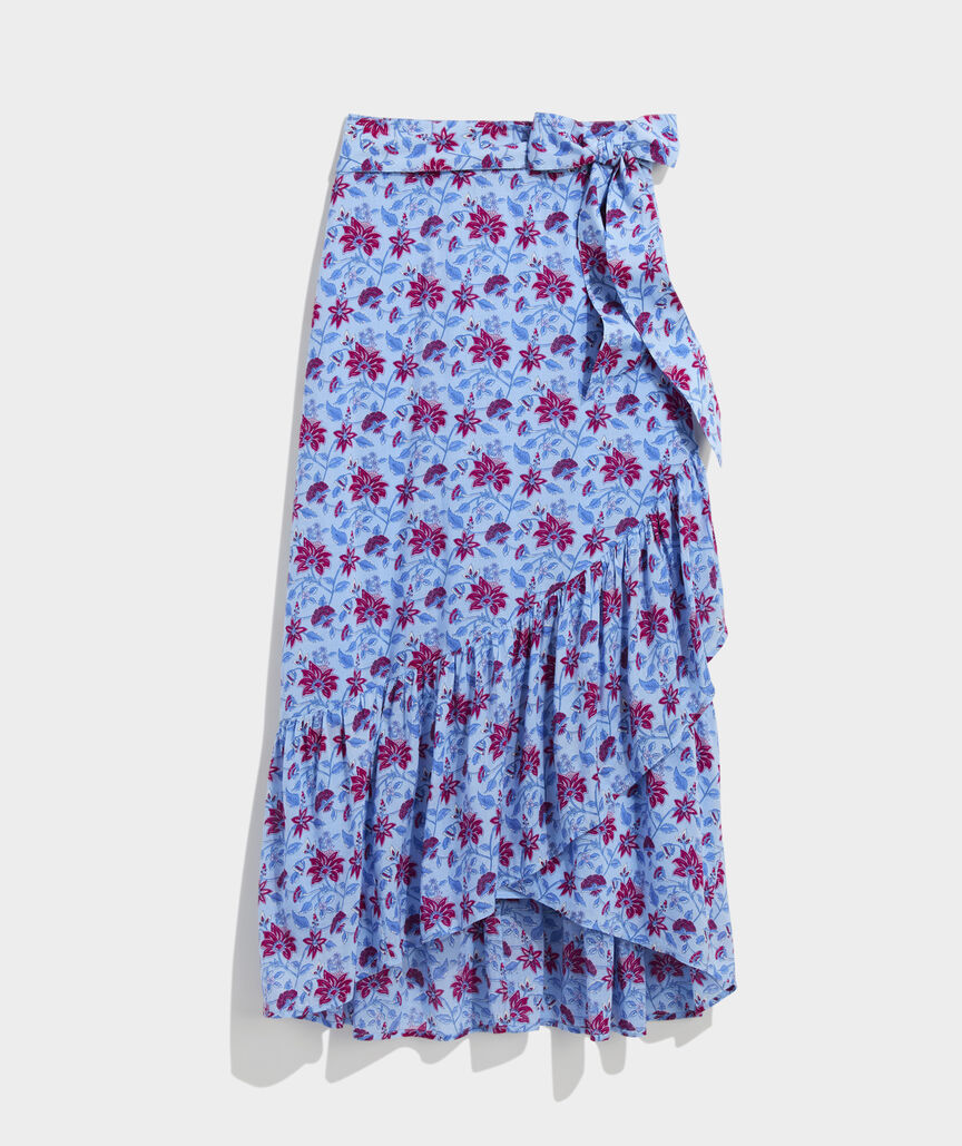 Midirock zum Wickeln mit Blumenmuster auf blauem Grund